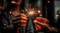 Hands of people holding sparklers on dark Christmas night. Generative AI Royalty Free Stock Photo