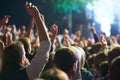 Hands, people and music festival with dancing for party at concert with stage lights, nightclub or dj. Crowd, nature and Royalty Free Stock Photo