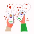 Hands of people with online dating apps. Hands holding a smartphone with male and female portraits in a circle of hearts. The Royalty Free Stock Photo