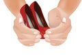 Hands of people protecting women`s red shoes- Royalty Free Stock Photo