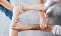 Hands, people and support with trust, teamwork and collaboration together for team goal from above. Group diversity in Royalty Free Stock Photo