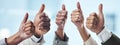 Hands, people and thumbs up for thank you, good job or success in collaboration, agreement or goals. Hand of group Royalty Free Stock Photo