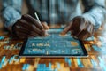 close up of a person analyzing data on a digital tablet with interactive charts and graphs in a futuristic setting Royalty Free Stock Photo