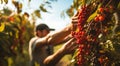 hands holding a bunch of coffee beans, harvest for coffee beans, close-up of hands picking up of coffee beans