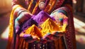 Hands of a person in Indian sari clothes,painted with Holi colors holding powder of Holi festival