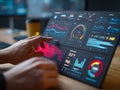 Hands of a person interacting with a futuristic touchscreen display, showcasing vibrant data visualizations and Royalty Free Stock Photo