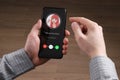 In the hands of a person, a smartphone has an incoming call