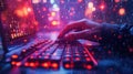 Hands of a person using a gaming keyboard and mouse, illuminated by vibrant red LED lights, in an intense gaming or Royalty Free Stock Photo