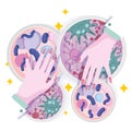 hands with a petri dishes, medical research laboratory glassware