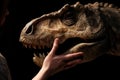 Hands petting a dinosaur face, created with Generative AI technology Royalty Free Stock Photo