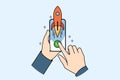 Hands and phone with rocket symbolizing fast internet and high-quality network for using mobile apps