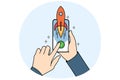 Hands and phone with rocket symbolizing fast internet and high-quality network for using mobile apps