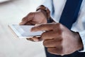 Hands, phone screen and black man in office with typing, communication and texting on chat app. Businessman, smartphone Royalty Free Stock Photo