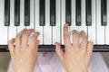 Hands on piano keys close-up. Closeup girl's hand playing piano. Favorite classical music. Top view with dark vignette. View from