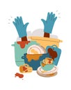 Hands in pile of different things flat icon Dirty dishware