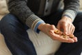 Hands with pills. Senior man hands holding medical pill. Mature old senior grandfather taking medication cure pills Royalty Free Stock Photo