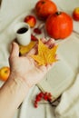 Hands with pine yellow mapleleaf on the background of an autumn still life of a cup of tea pumpkins apples and yellow leaves.