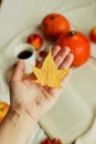 Hands with pine yellow mapleleaf on the background of an autumn still life of a cup of tea pumpkins apples and yellow leaves.