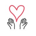 Hands with pink heart minimal icon isolated. Modern outline on white background