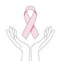 Hands and pink ribbon. Minimalistic vector illustration.