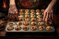 hands placing a baking tray with muffins into an oven Royalty Free Stock Photo