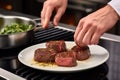 hands placing grilled filet mignon onto plate