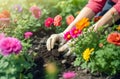 Hands planting flowers activity blossoms. Generate Ai