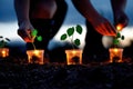 Hands planting seedlings at night with illuminated pots on soil Royalty Free Stock Photo
