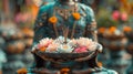 Hands with a plate of lotus flowers and incense in front of a Buddha statue on Vesak. AI Generated Royalty Free Stock Photo