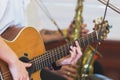 Hands playing acoustic guitar, close up Royalty Free Stock Photo