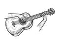 Hands playing acoustic guitar sketch engraving