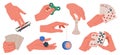 Hands playing games. People arms hold different devices, fine motor skills development, spinner, fingerboard, chess and