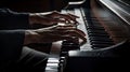 Hands playing a grand piano closeup with a dramatic interplay of light and shadow highlighting. Generative AI