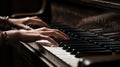 Hands playing a grand piano closeup with a dramatic interplay of light and shadow highlighting. Generative AI