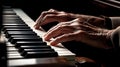 Hands playing a grand piano closeup with a dramatic interplay of light and shadow highlighting. Generative AI