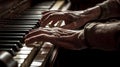 Hands playing a grand piano closeup with a dramatic interplay of light and shadow highlighting. Generative AI