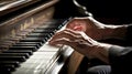 Hands playing a grand piano closeup with a dramatic interplay of light and shadow highlighting. Generative AI