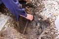 Hands of a plumber fixing an underground water pipe leaking Royalty Free Stock Photo