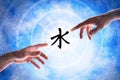 Hands pointing confucianism symbol with blue universe background