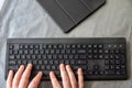 Hands Pointing Pressing Computer Keyboard Enter Keys Typewriting New Ideas. Fingers Tapping Typing Fresh Thoughts Using Royalty Free Stock Photo