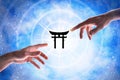 Hands pointing shinto symbol with blue universe background