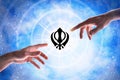 Hands pointing sikhism symbol with blue universe background Royalty Free Stock Photo