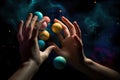 Hands poised to catch notes of soundless music that fill the space between spaces. The harmonies of the spheres manifest as light- Royalty Free Stock Photo