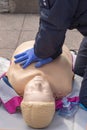 Hands of a Policeman on a mannequin during an exercise of resuscitation. Royalty Free Stock Photo
