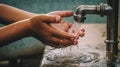 Hands of a poor child under a water tap. Generative AI