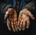 hands poor old man or beggar begging you for help sitting at dirty slum.concept for poverty or hunger people,human Rights,donate Royalty Free Stock Photo