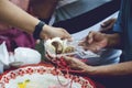 Hands of the poor receive food from the donor`s share. poverty concept Royalty Free Stock Photo