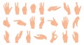 Hands poses. Female hand holding and pointing gestures, fingers crossed, fist, peace and thumb up. Cartoon human palms