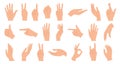 Hands poses. Female hand holding and pointing gestures, fingers crossed, fist, peace and thumb up. Cartoon human palms and wrist Royalty Free Stock Photo