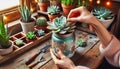 Hands potting a succulent into a creatively painted mason jar.